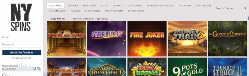 nyspins website provides casino games, very first deposit extra and offers for new players-logo