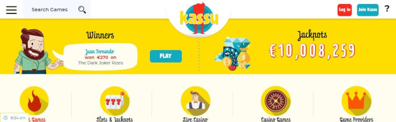 kassu casino lobby offers slot machines and jackpots, canlı kazino, all gambling games and filtering options by game providers-logo