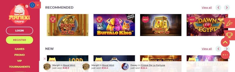 maneki casino website offers casino games, first deposit bonus and campaigns for new players-logo