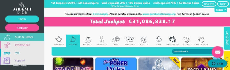 miami dice homepage offers casino games, ilk depozit bonusu və yeni oyunçular üçün promosyonlar-loqosu