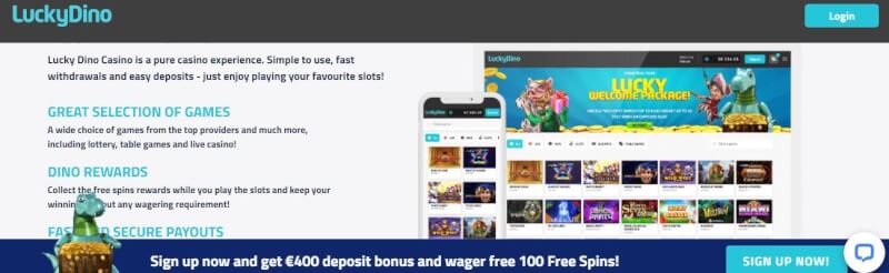 Luckydino casino lobby with slot machines and casino games, join and acquire first deposit bonus-logo