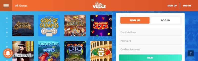 slottyvegas casino lobby offers different casino games, subscription choices and extra offers-logo