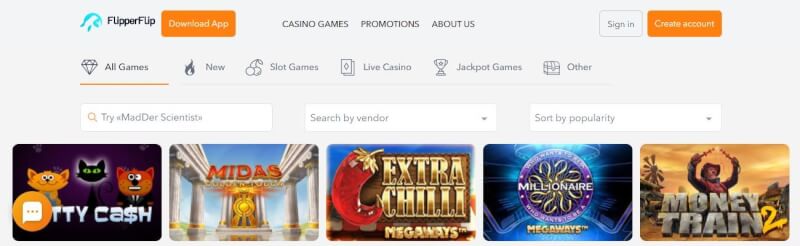 flipperflip casino homepage offers gambling games, ilk depozit əlavə və yeni oyunçular üçün promosyonlar-loqosu