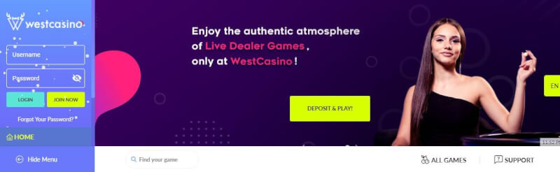 westcasino homepage offers casino games, ilk depozit əlavə və yeni oyunçular üçün təkliflər-loqosu