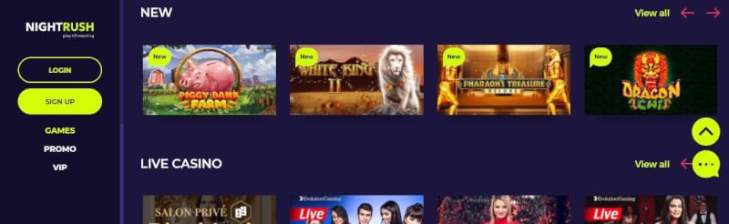 nightrush casino homepage provides casino games, cashback bonus and promotions for new players-logo