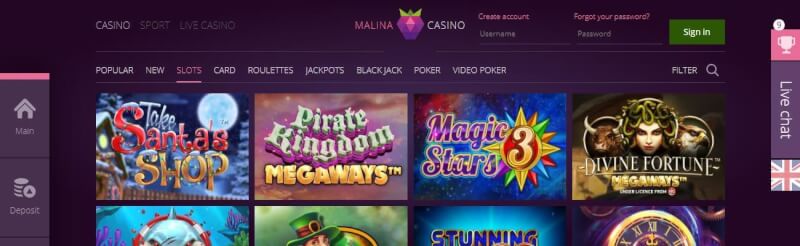malina casino homepage provides casino games and campaigns for brand new players-logo