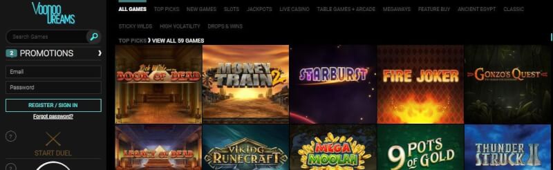 voodoo dreams website provides casino games, ilk depozit bonusu və yeni oyunçular üçün promosyonlar-loqosu